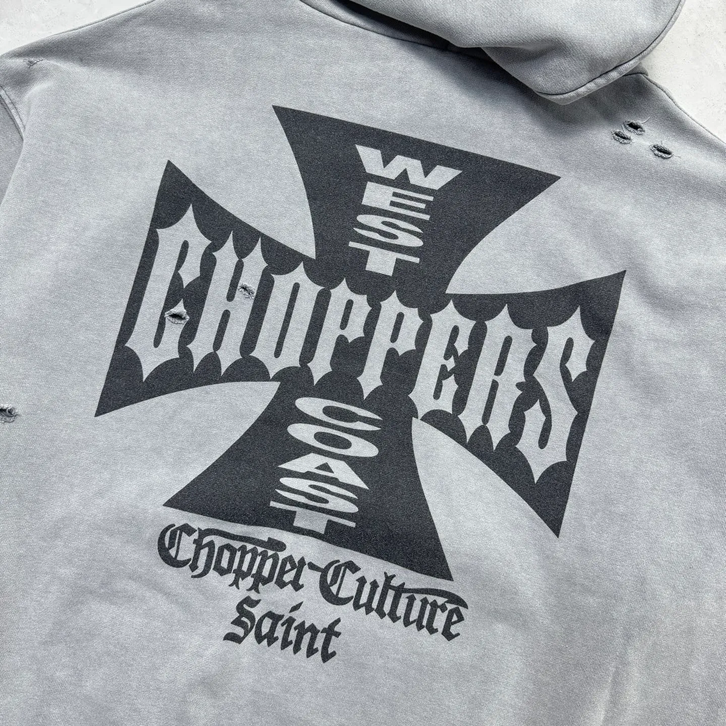 P268 # CHE-59 Saint “West Coast Chopper West Coast Cross” limited edition washed distressed hooded sweatshirt with multi-position hand-damaged craftsmanship. Heavy Assute fermentation mill wash water fading effect. Size: S M L XL